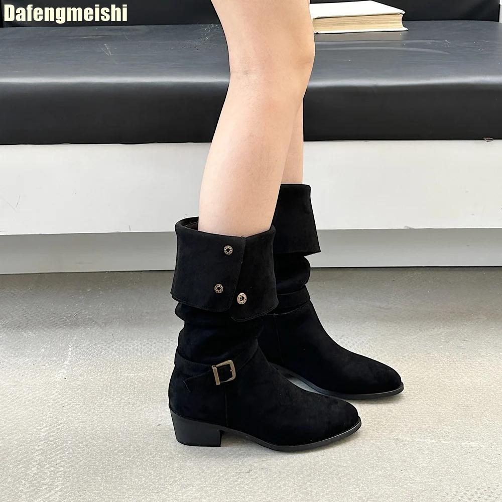 2025 New Winter Thick Heel Boots Women Western Cowboy Pointed Toe Black/khaki Suede Knee-High Boots Turned-Over Edge Boots