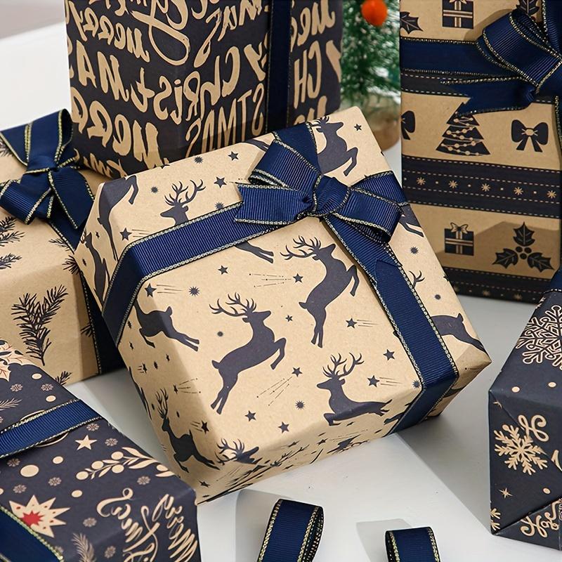 6pcs Christmas Wrapping Paper Cardboard with Geometric Design Featuring Reindeer and Snowflake Patterns Gift Packaging Set