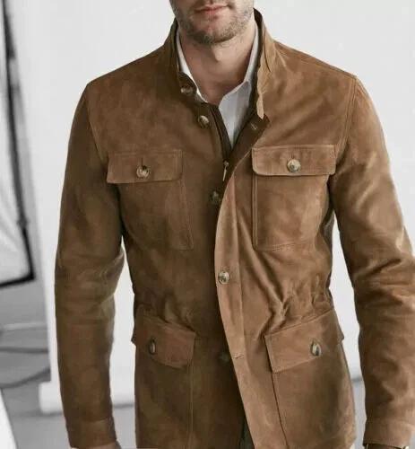 Formale Elegante Morbida Vera Pelle di Agnello Nuovo Blazer da Uomo in Camoscio Marrone Puro Fatto a Mano