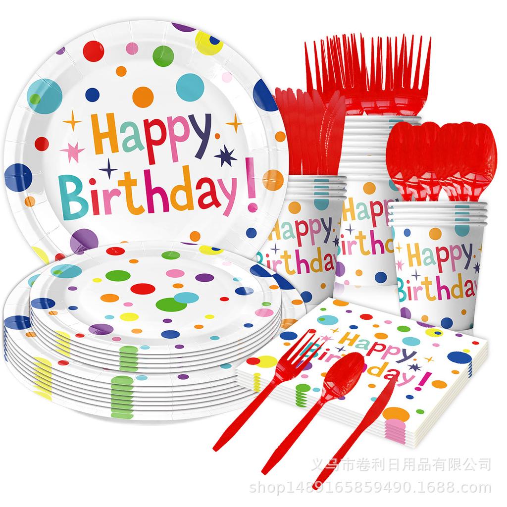 Color Polka Dot Birthday Theme Party Package Paper Cup Paper Plate Paper Towel Knife Fork Spoon Disposable Party Decoration