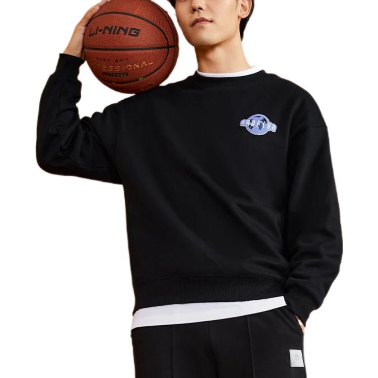 Li Ning BADFIVE Brand Logo Print Fleece Lined Crew Neck Pullover Long Sleeved Sweatshirt Unisex Black AWDSC01-3