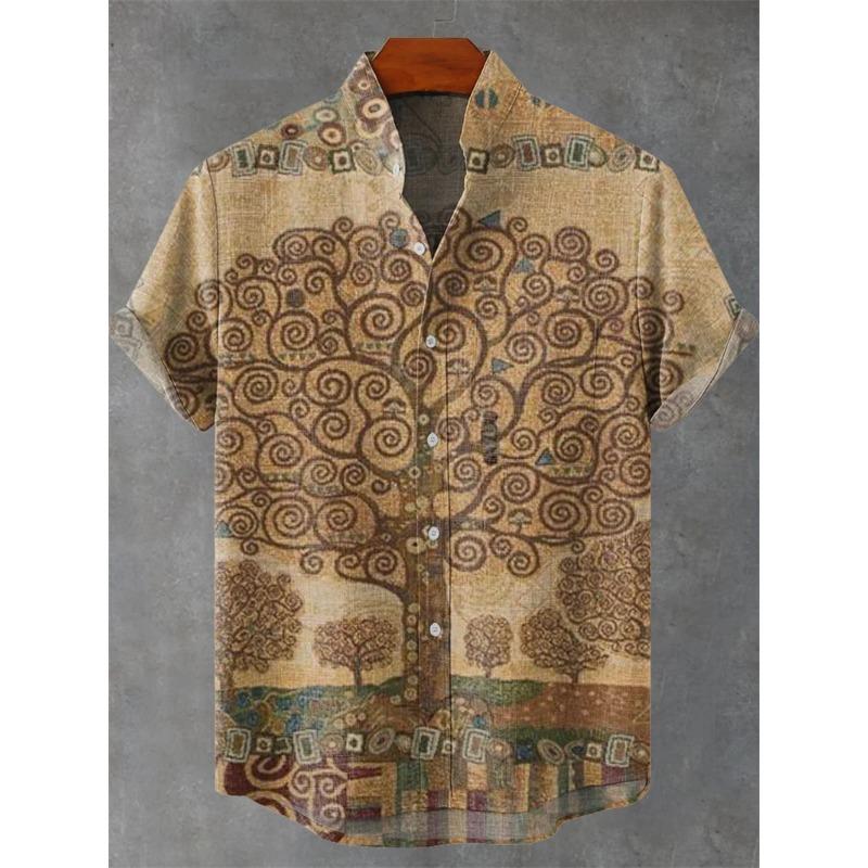 Men's Short Sleeve Shirt Vintage Ethnic Style Sunlight and Tree Illustration Art Wave Print Casual Linen Shirt,