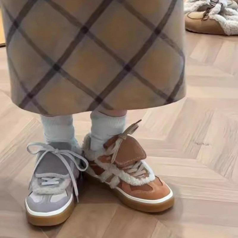 Fashion Women's Flat Sports Shoes Winter New Round Head Splicing Suede Front Lacing Anti-slip Wear-resistant Cotton Boots