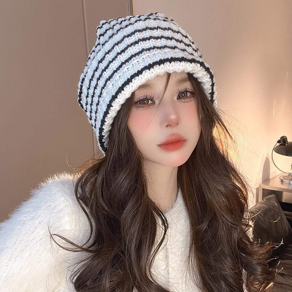 Ins Little Devil Women Stripe Beanie Striped Skull Cap Fashion Knit Hat Autumn Winter
