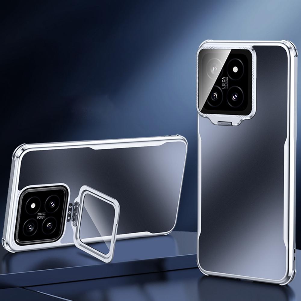 

For Xiaomi 14 Phone Case Shockproof TPU PC Back Cover with Lens Kickstand Grey