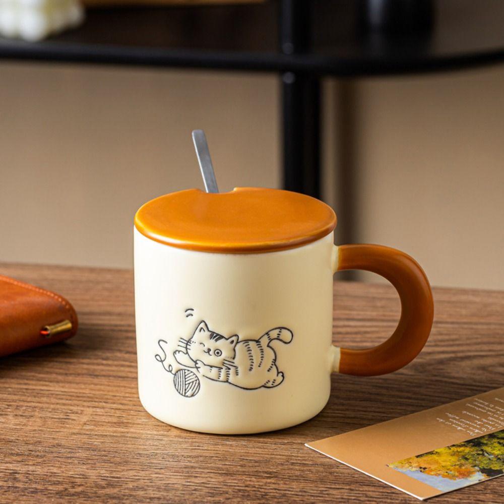 Hand Drawn Ceramic Coffee Cup with Spoon Water Cup with Lid Cartoon Cat Drinkware  Milk
