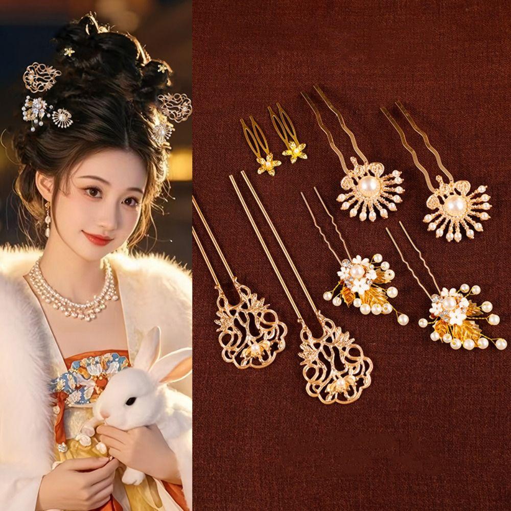 1 Set Pearl Tang Dynasty Hairpin Classical Flower Hair Comb Vintage Ancient Hair Stick  Women