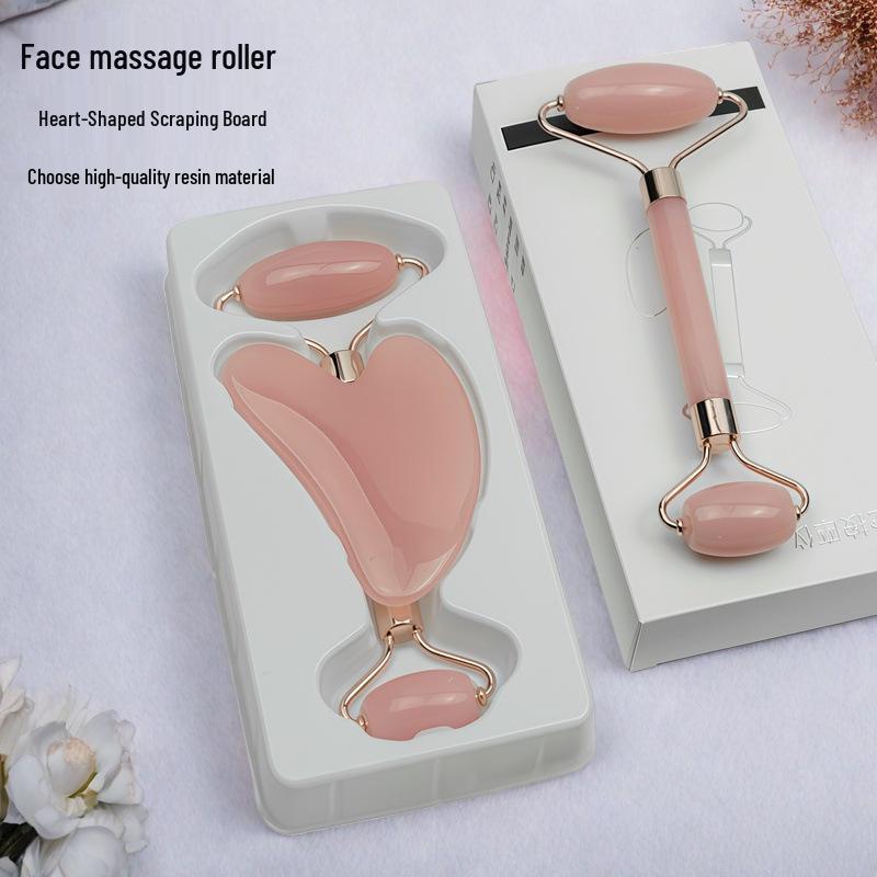 Rose Quartz Heart-Shaped Double-Headed Facial & Body Roller and Gua Sha Massage Set