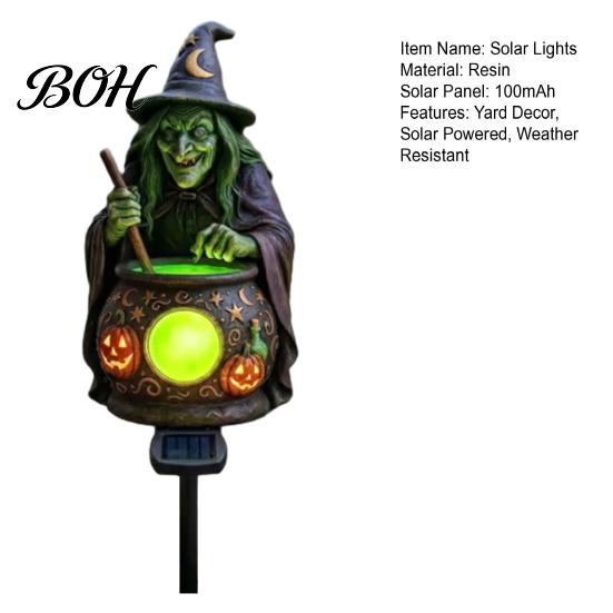 Halloween Lawn Ornaments Solar Witch Cauldron Garden Stake Light, Waterproof Resin Glowing Cute Gifts Figurine Statue, Spooky Outdoor Pathway Lamp for
