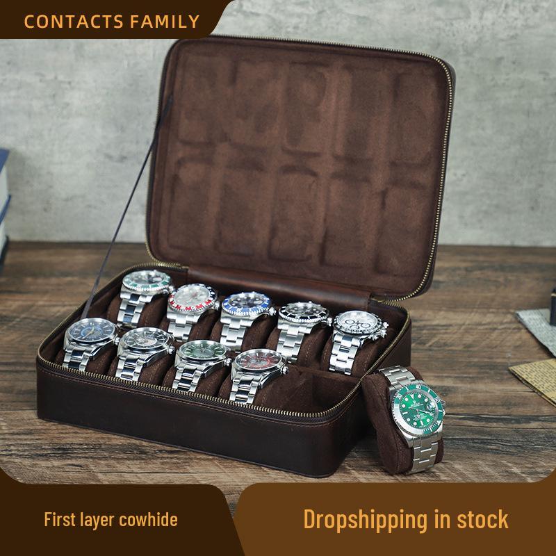 Retro Crazy Horse Cowhide Leather Watch Box - 10-Slot Handcrafted Storage for Wristwatches