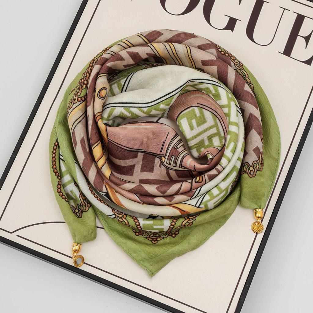 Women's 65" Silk Square Scarf with Magnetic Buckle – Autumn/Winter Print, Fashionable & Versatile Triangle Snood