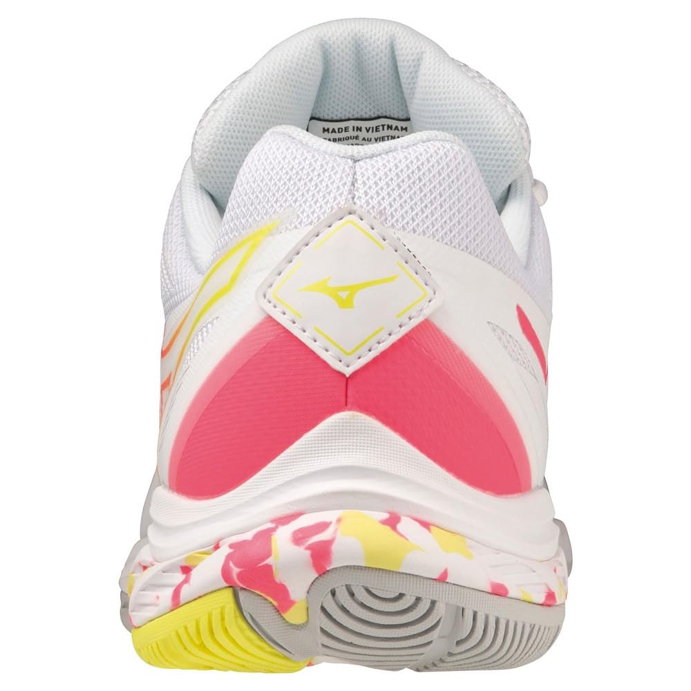 Mizuno Wave Fang 2 Badminton Shoes, One-Piece Model, Fit, Grip, Stability, and Resilience, Hard Hitting, White/Pink/Yellow, Size 22.5 Cm, 2E