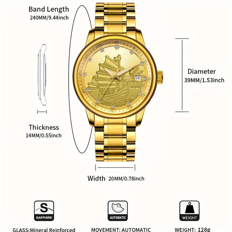 Men Automatic Mechanical Wristwatch Luxury 3D Ship with Diamond Golden Dragon Watch