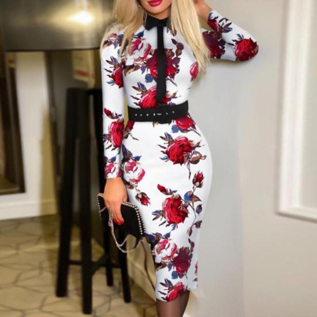 Femei Slim Fit Bodycon Rochie midi rever cu mâneci lungi talie înaltă cu imprimeu în carouri Rochie de damă de birou Îmbrăcăminte de lucru