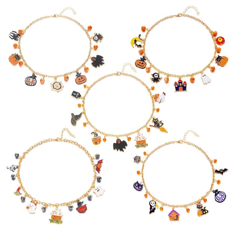 Halloween-Themen-Halskette mit Katzen-Kürbis-Anhänger, bequeme Legierung, verstellbar, Party-Schmuck