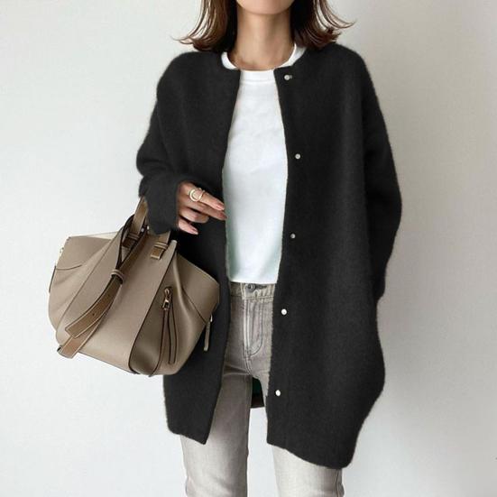 Women Winter Coat Single-breasted Solid Color Long Sleeves Loose Knitted Keep Warm Sweaters