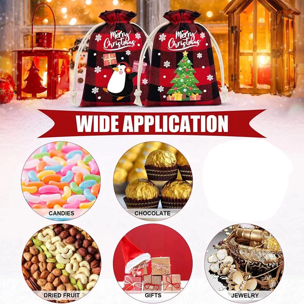 Merry Christmas Reusable Gift Bags, Cotton Linen, 8 Count