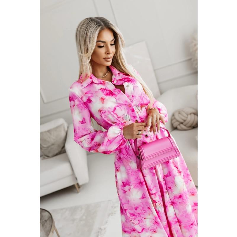 Elegant Women's Long Sleeve Floral Print Shirt Collar Midi Dress, Autumn Party Loose Belted Dress Casual Fashion with Lantern Sleeve Button Clothing
