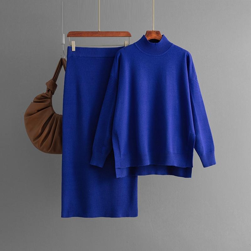 Women's sweater set autumn and winter new solid color semi-turtleneck sweater half-body hip skirt two-piece set