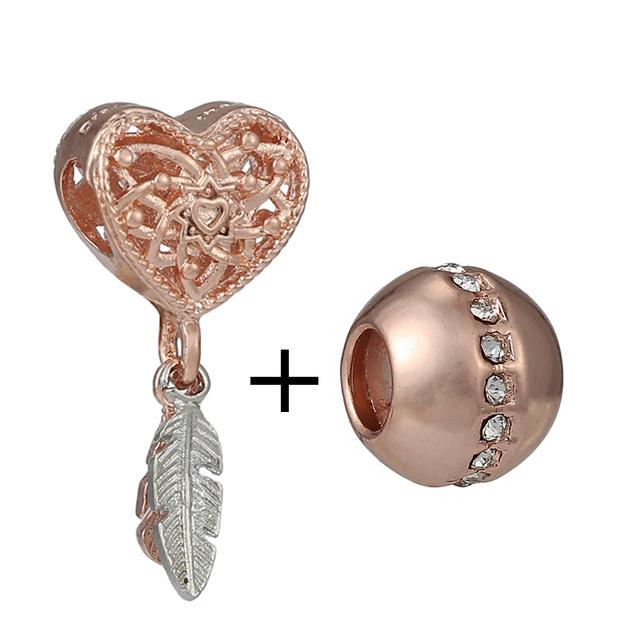 2pcs /Lot New Trend Crown Feather Zircon Hollow Leaves Beads Fit Original Brand Charms Silver Color Bracelets Women Diy Jewelry