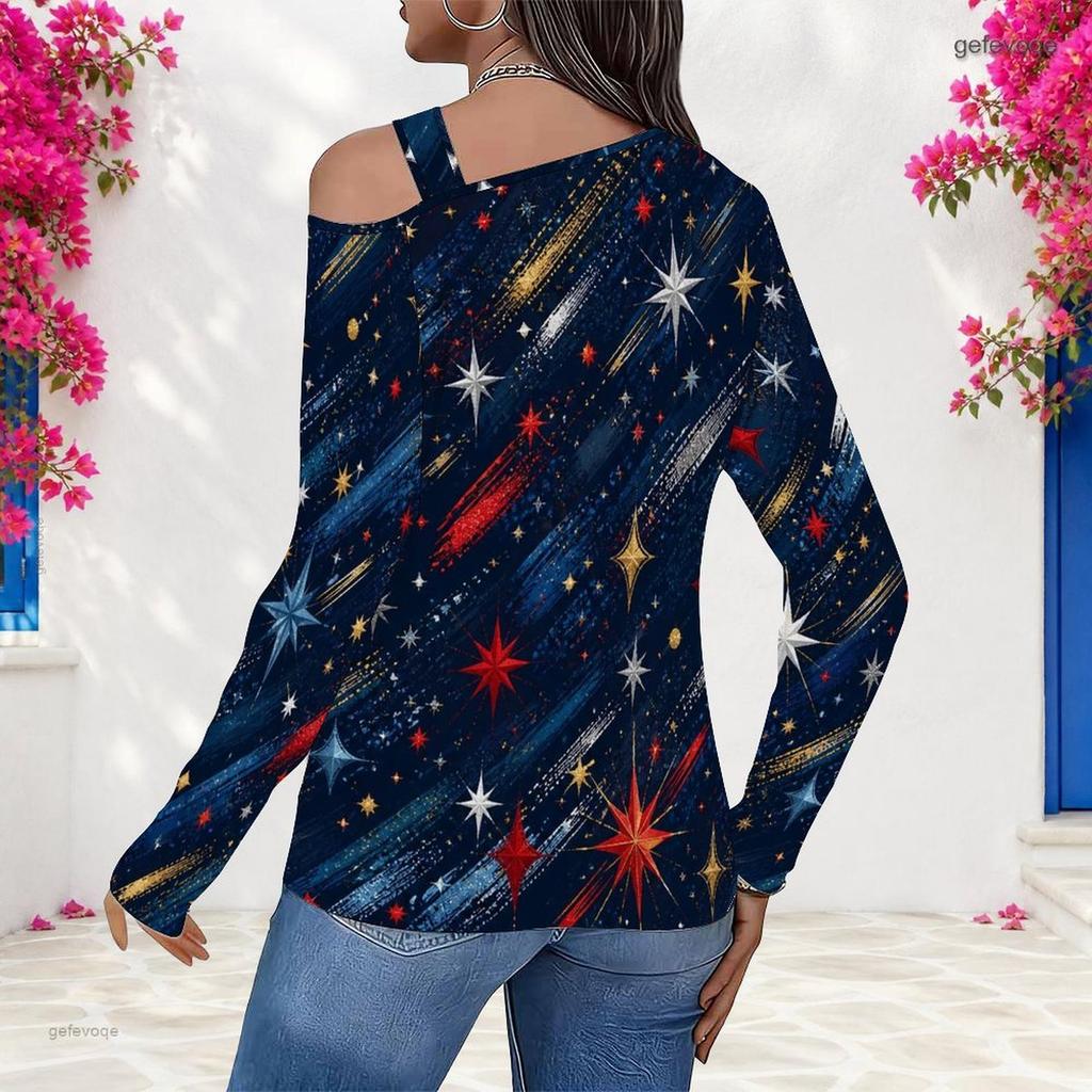 Women s Plus Size Asymmetric Cutout Neck Cold Shoulder Long Sleeve Star Printed White Top