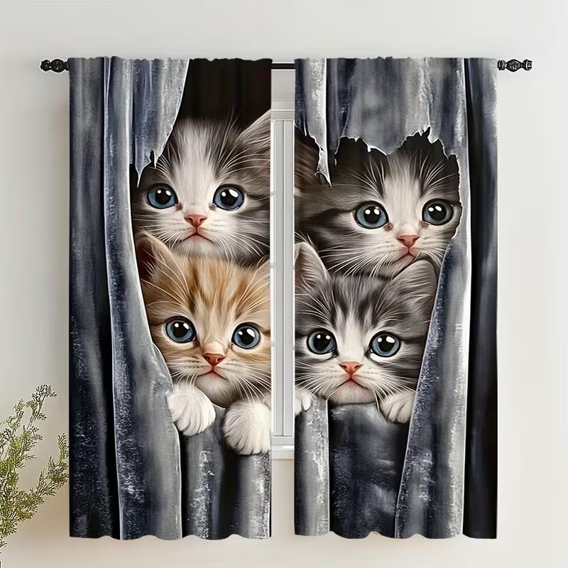 2 Pcs Many Cute Cats Print Curtains  Suitable for Bedroom  Living Room Kitchen Decoration  Home Decoration   Window Curtain