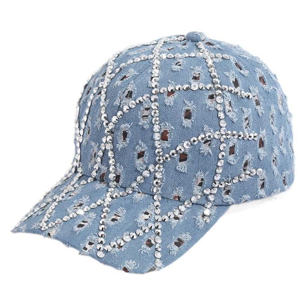 Sparkling Distressed Denim Baseball Caps Grid Sun Hats Fashion Rhinestone Baseball Cap for Women