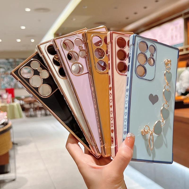 Plating Silicone Bracelet Case For Samsung Galaxy S25 S24 S22 S23 S21 Ultra Plus FE A55 A54 A53 A52 5G Shockproof Armor Covers