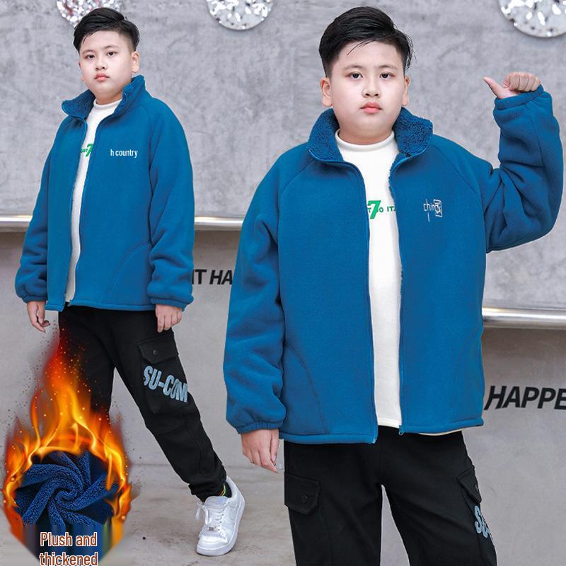 Fat Boy's Warm Fleece-Lined Jacket for Kids & Teens - Loose Fit, Plus Sizes, Medium to Large, Stylish Autumn/Winter Cardigan