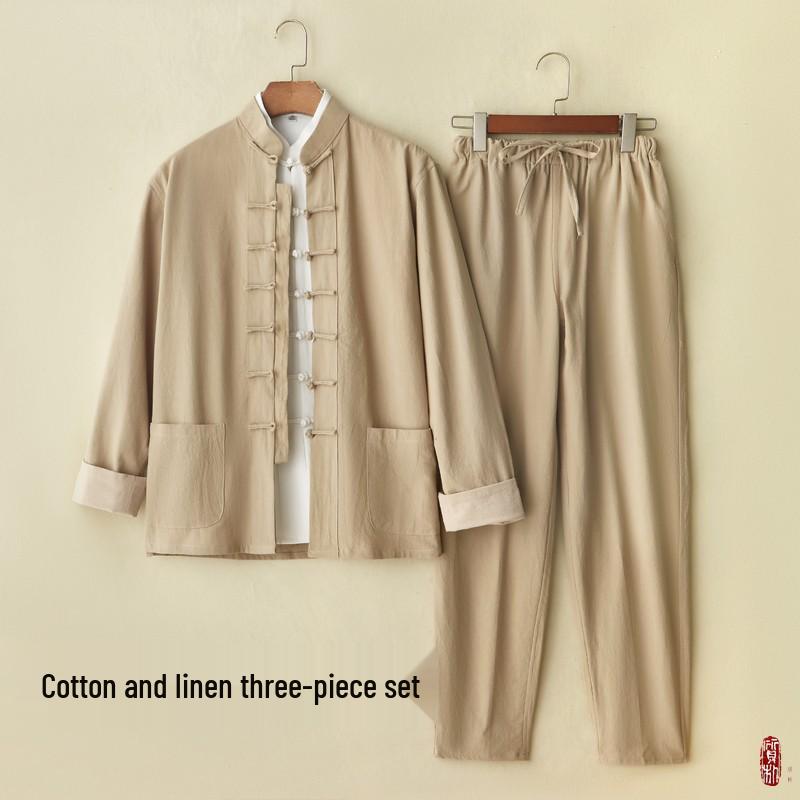Herren Chinesischer Tang-Anzug: Frühlings-/Herbst-Baumwoll-Leinen-Set mit Froschknöpfen - Retro Mönch Teezeremonie Hanfu Robe.