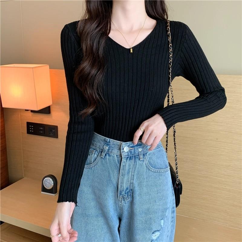 

Осень и зима 2025 трикотажные топы-свитеры с V-образным вырезом и длинными рукавами, базовые, повседневные, облегающие, плотные, пуловеры для женщин One Size