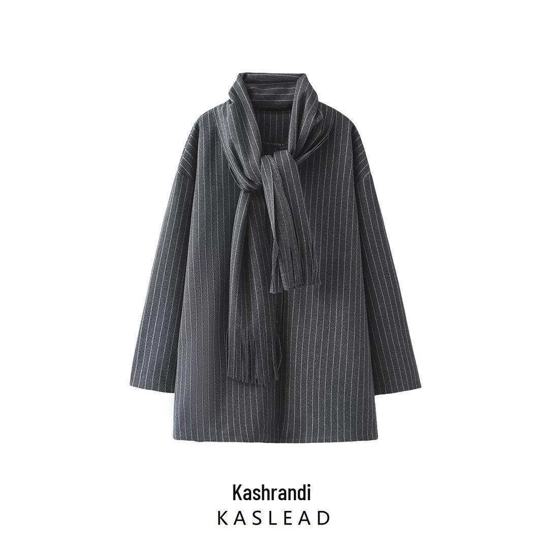 

2024 Winter Women s Fashion: Versatile European & American Style Striped Wool Scarf Loose Coat S серый