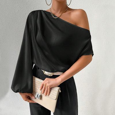 Autumn And Winter Temperament Sloping Shoulder Long Sleeved Sexy Off Shoulder Loose Cut Sloping Collar Design Top