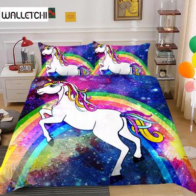 Unicorn King Queen Duvet Cover Cartoon Animal Rainbow Universe Bedding Set for Kids Teen Cosmic Starry Sky Polyester Quilt Cover