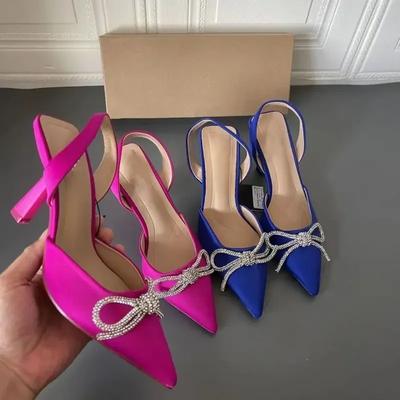 2025 Dame Blå Slingback Pumps Høye Hæler Krystall Sløyfe Party Kjolesko Sexy Spiss Tå Stiletthæl Sandaler Sommer
