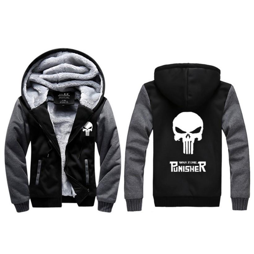 Elegant Punisher Unisex Skull Winter Fleece Jacket Coat With Plush Warm Hoodie