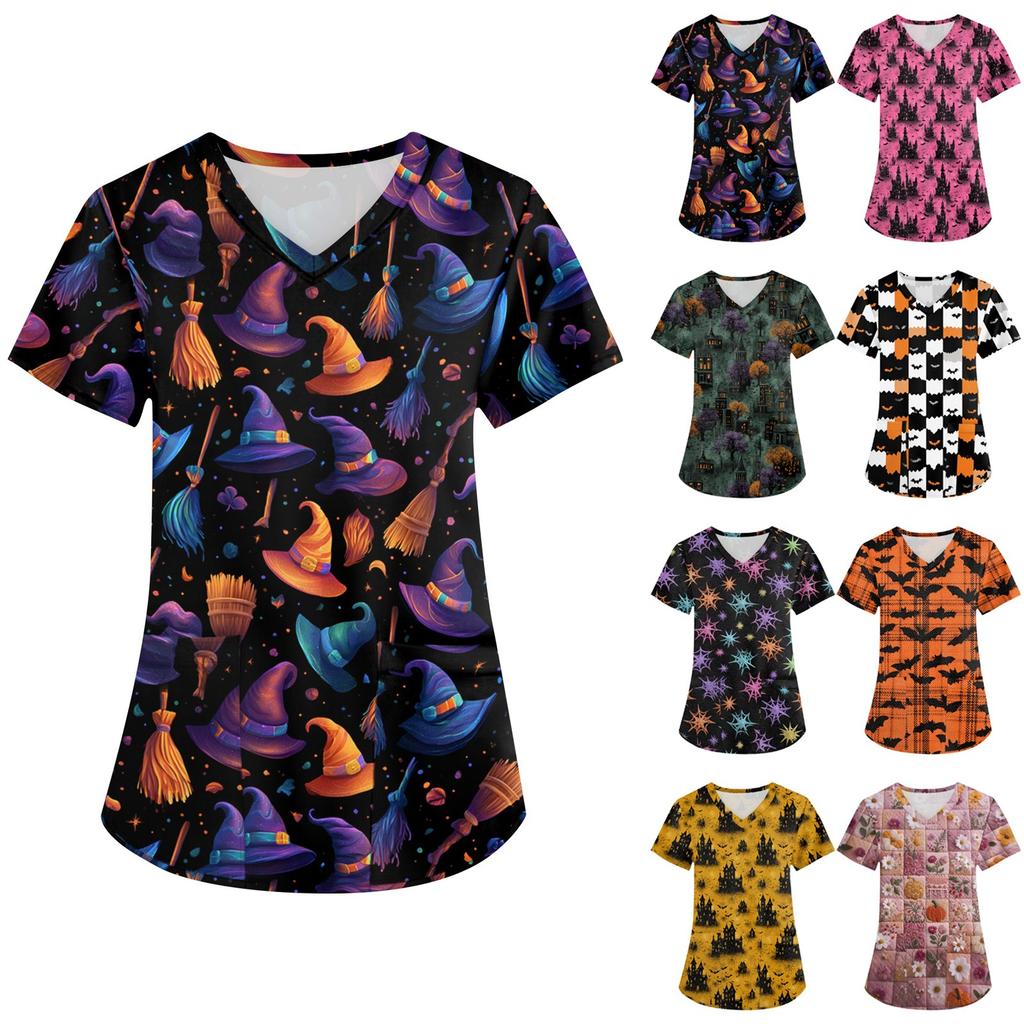 Women's Printing Uniform Work Uniform V-neck Pockets Basic Short Sleeve Pullover Top