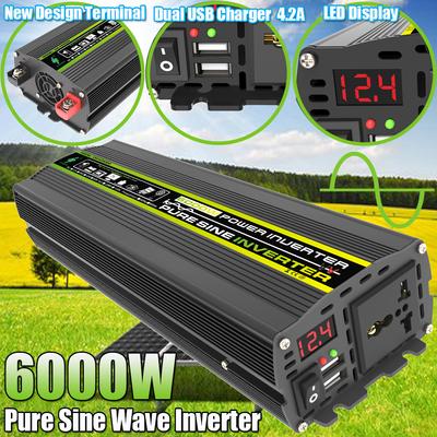 Invertor de energie solară USB dublu de 6000 W, 12 V la 220 V, invertor de putere pentru mașină, încărcător, adaptor, convertizor, transformator de undă sinusoidală modificată