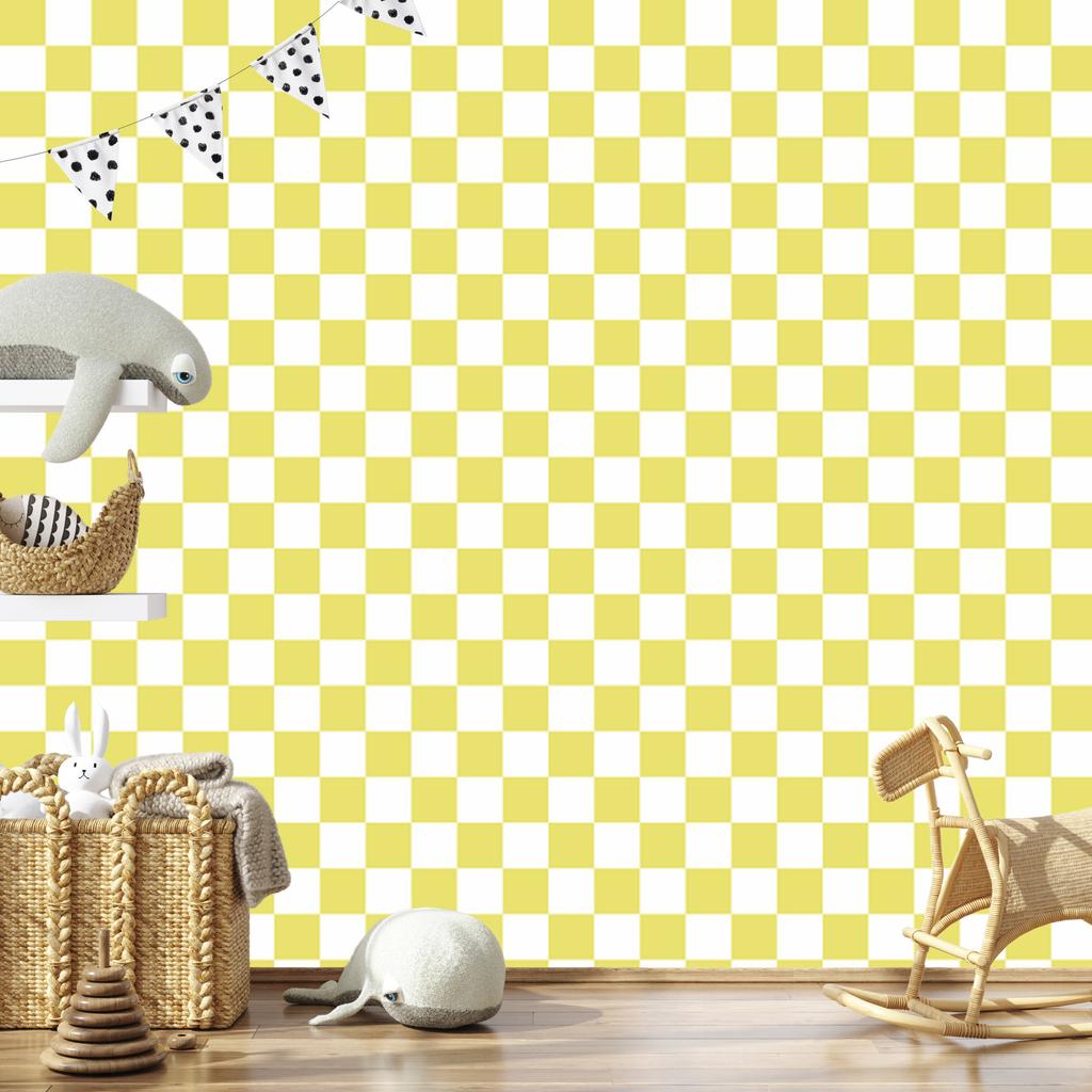 Checkerboard Wallpaper White, Yellow and Cream for Living Room and Bedroom 50x1000