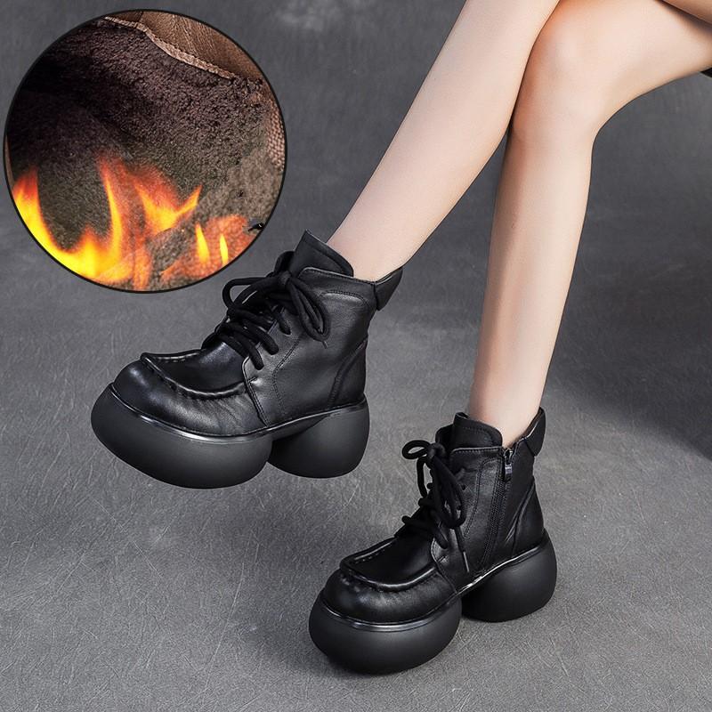 Johnature Botines cortos de felpa de estilo británico retro de cuero genuino con suela gruesa, zapatos de plataforma versátiles para mujer