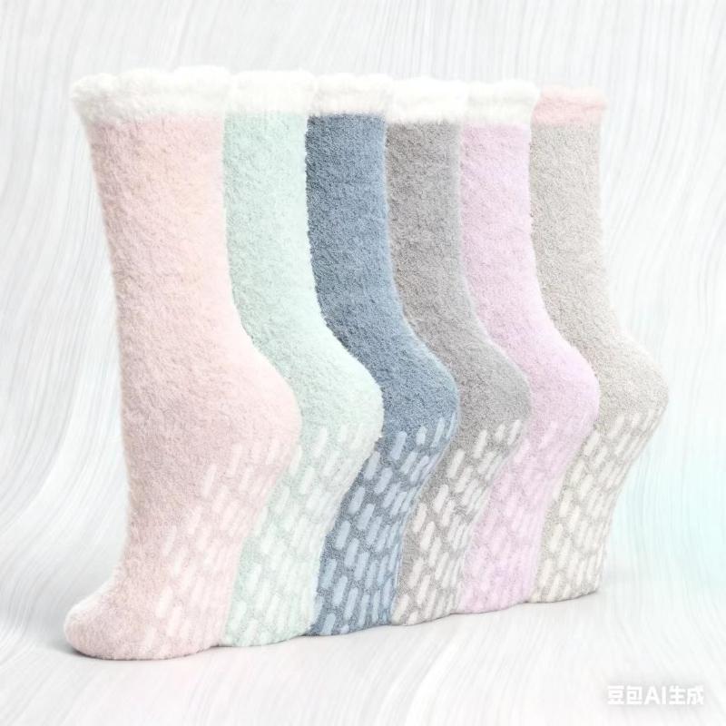 Women's Non-Slip Thermal Fleece Socks 6 Pairs Winter Thick Floor Socks Solid Color Mix Soft Polyester One Size Color As Same As The Picture
