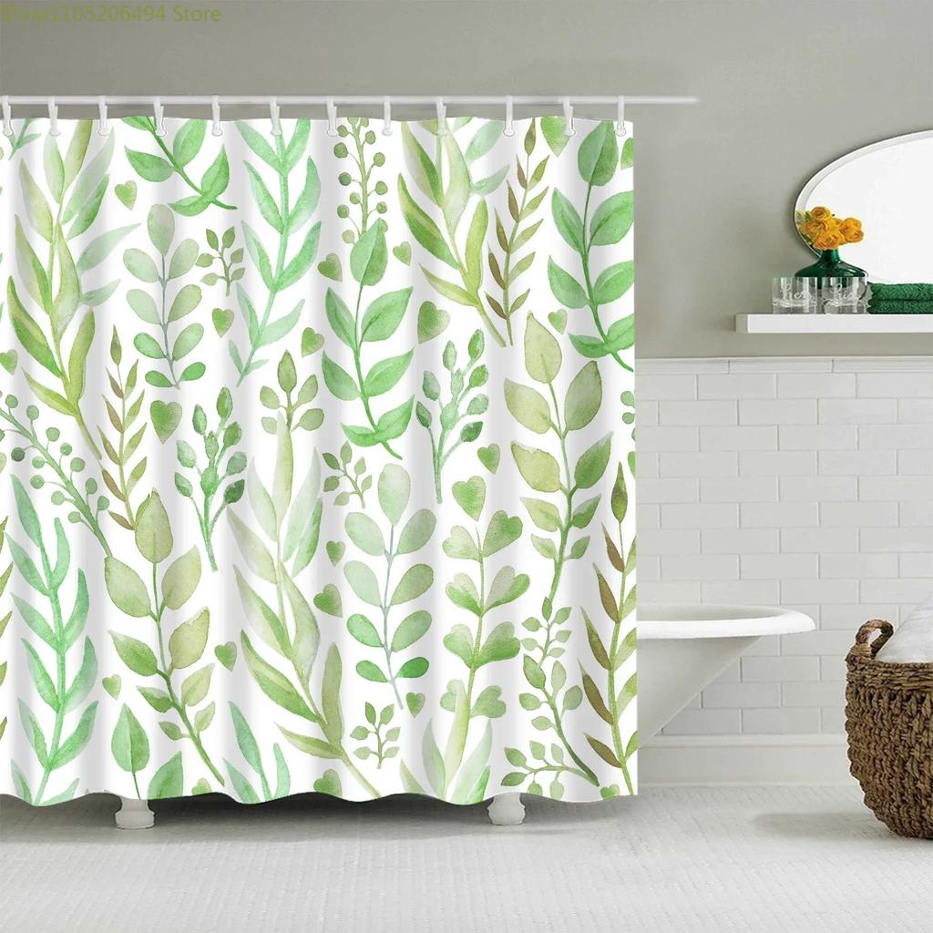 Plant Leaves Bathroom Shower Curtains Waterproof Hooks Hanging Curtain Bath Screen Decor Flowers Tree Print Shower Curtain.