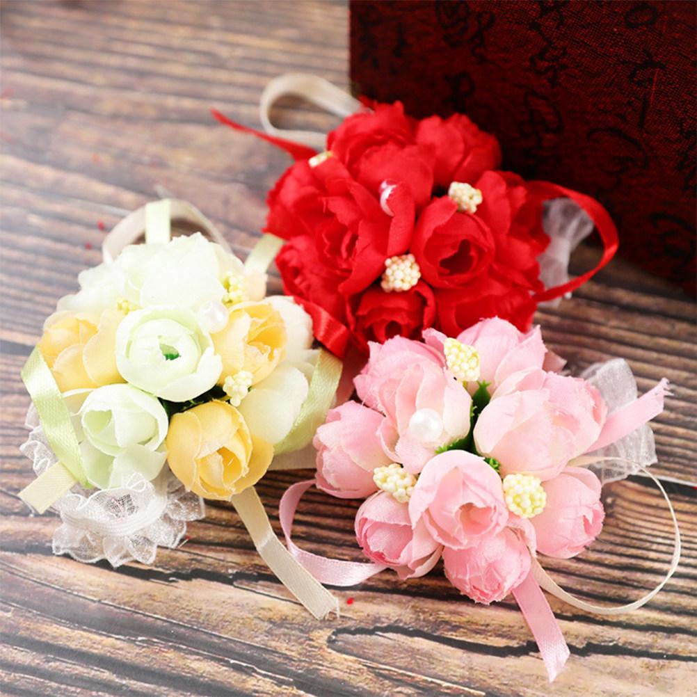 4Pcs Wedding Wrist Flower Brooch Silk Artificial Flower Decor for Bride Bridal Party Dance Wedding Photos Outdoor Ceremony Noble