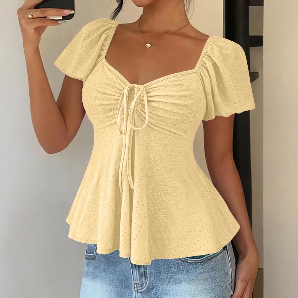 Damska Koszulka Top z Dekoltem V, Sznurkiem do Wiązania, Seksowna, Krótki Rękaw