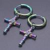 Fashion Cross Charm Earrings Rainbow Color Stainless Steel Round Hoops Religious Jewelry Ear Piercing Earring For Women Men Gift