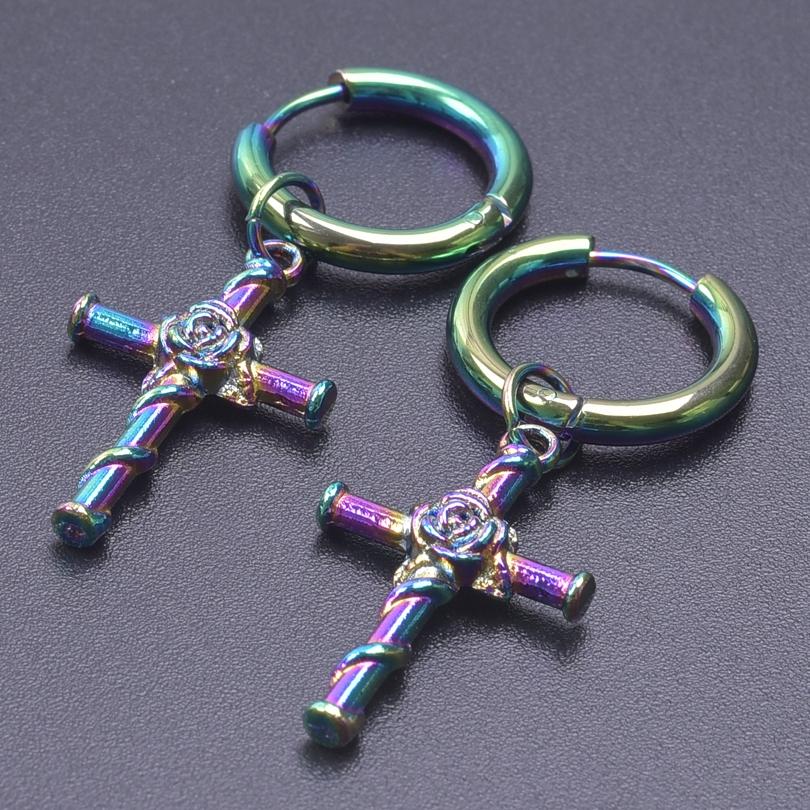 Fashion Cross Charm Earrings Rainbow Color Stainless Steel Round Hoops Religious Jewelry Ear Piercing Earring For Women Men Gift