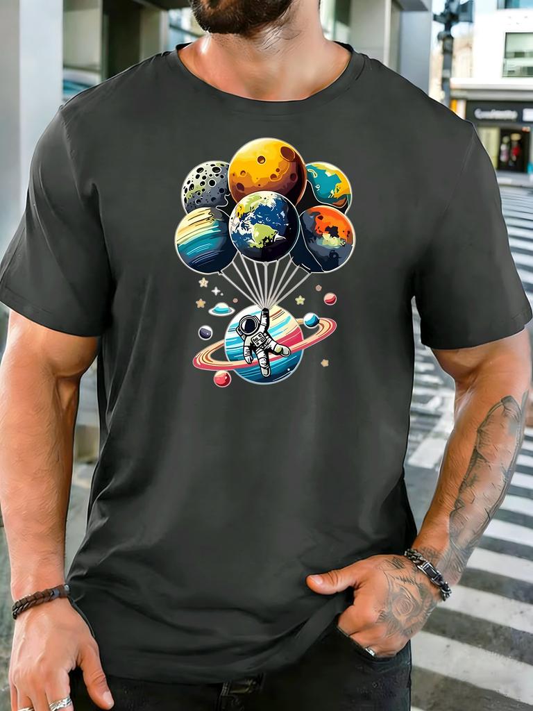 Unisex Short Sleeve T Shirt Astronaut Planet Balloon Graphic Tee Space Print Summer Soft Cotton Casual Street Wear For Adult Male