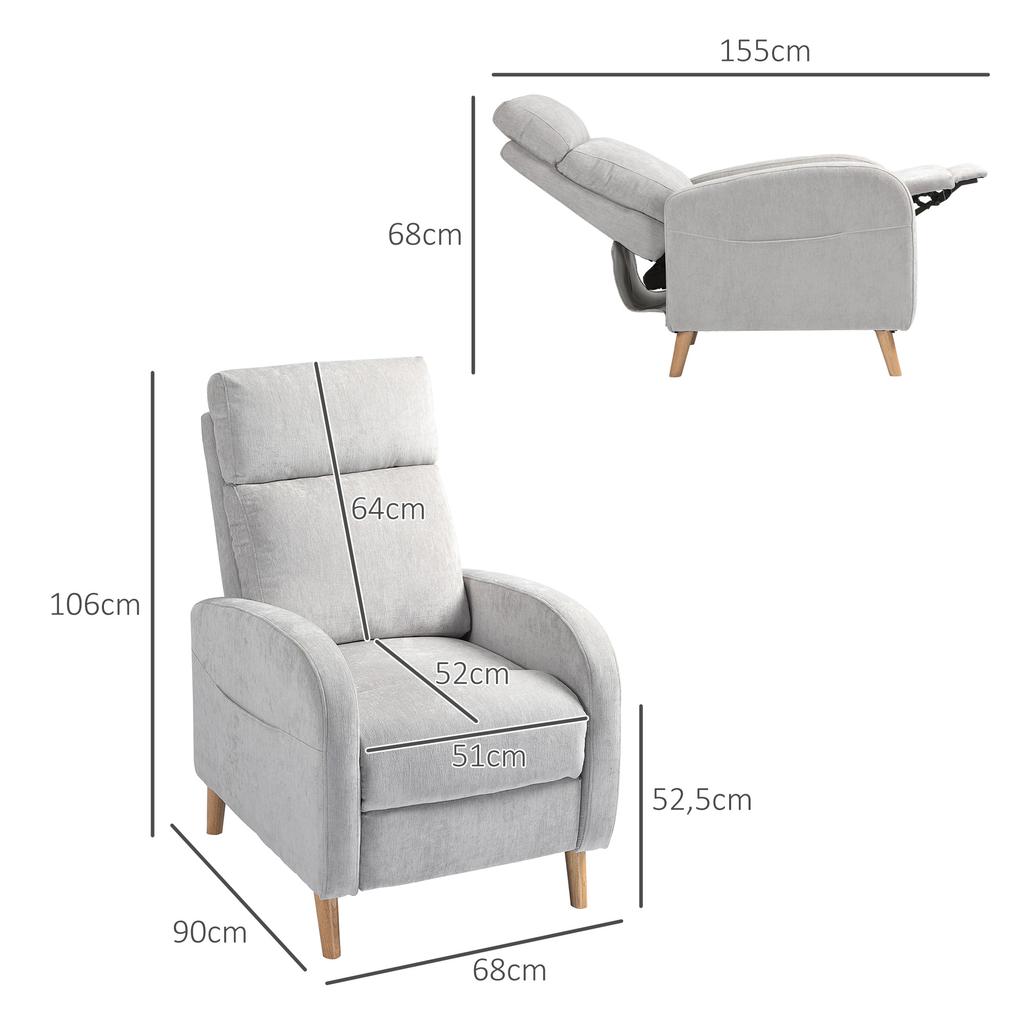 Reclining Relax Armchair Upholstered in Synthetic Linen with Footrest and Side Pocket Load 135 kg Light Gray