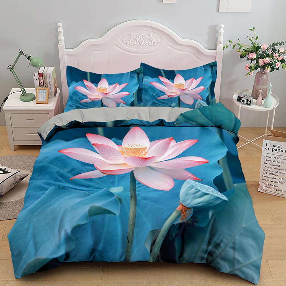 Lotus Duvet Cover Set Pink Flowers And Green Leaves Polyester Comforter Cover King Queen Size For Kids Girls Women Bedding Set