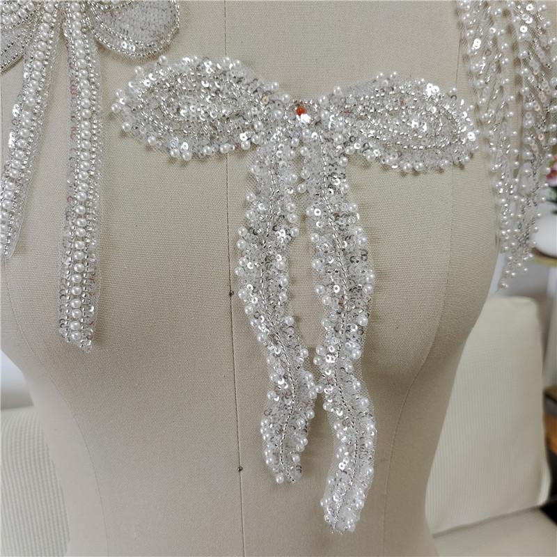 1 buc Aplicații din dantelă plasă cu paiete și mărgele, cu fundă, Patches Accesorii pentru îmbrăcăminte de nuntă